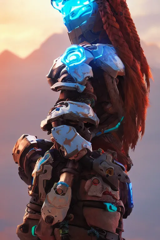 Image similar to combination suit armor aloy horizon forbidden west horizon zero dawn robot ninja mask helmet backpack tribal, aesthetic octane render, 8 k hd resolution, by ilya kuvshinov and cushart krentz and gilleard james radiating a glowing aura cgi rtx 2 0 2 2