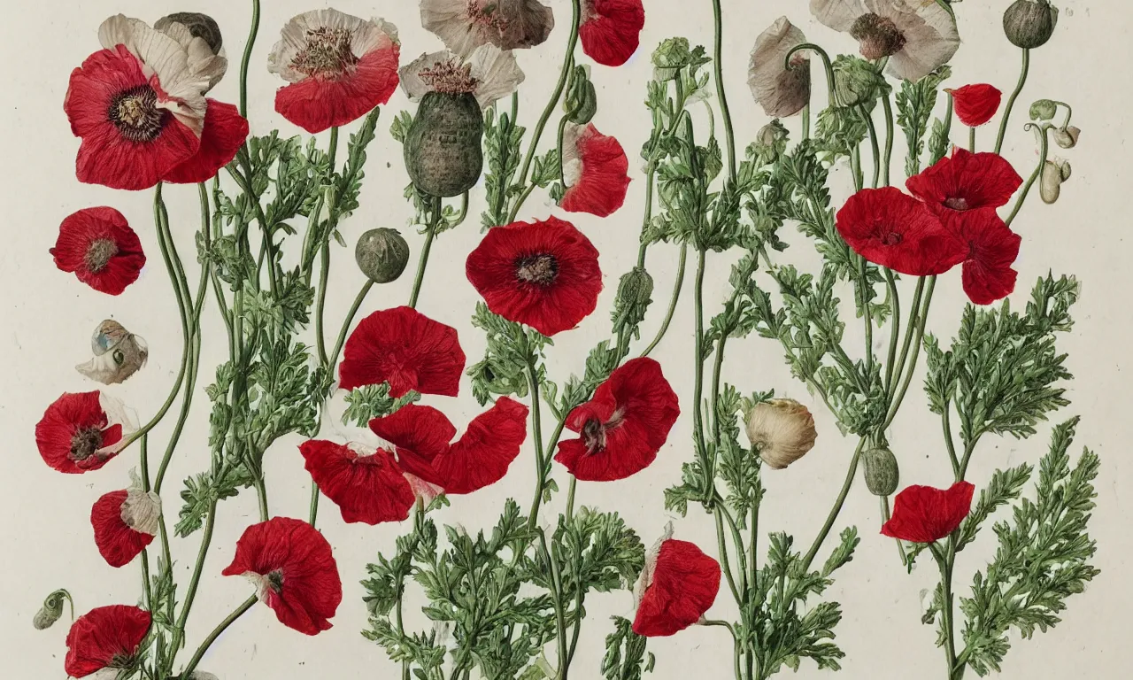 Prompt: botanical illustrations of papaver somniferum in the style of carl linnaeus, on parchment, watercolour, highly detailed 8 k /