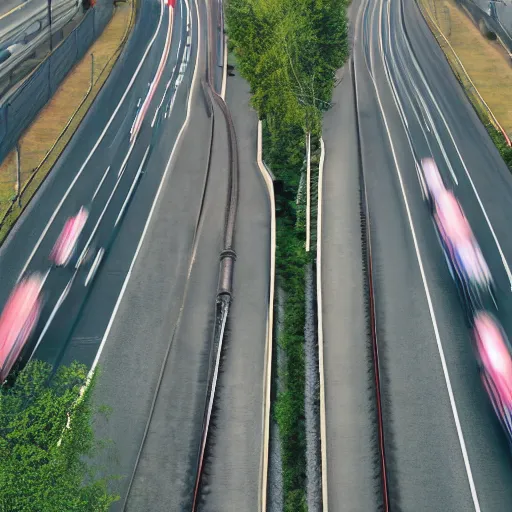 Image similar to a stunning aesthetic wallpaper of a city highway full of traffic with a train track and bus lane nearby, photograph by clemens ascher, 8 k, soft focus, cinematic lighting, trending on flicker, super resolution.