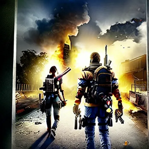 Image similar to the division 2 poster set in an apocalyptic los angeles, agent standing with a gun in the foreground, cinematic, 4 k