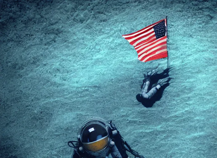 Prompt: astronaut underwater putting a flag in the sand of the bottom of the ocean. there is a futuristic submarine in the distance. dark, concept art, cinematic, dramatic, atmospheric, 8 k, trending on artstation, low visibility, fog, zack snyder