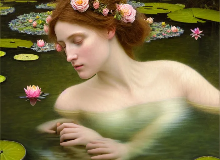 Image similar to Kodak Portra 400, 8K, soft light, volumetric lighting, highly detailed, britt marling style 3/4 ,portrait photo of a beautiful woman how pre-Raphaelites painter, the face emerges from the water of a pond with water lilies, in the pose of Ophelia Millais, a beautiful lace dress and hair are intricate with highly detailed realistic beautiful flowers , Realistic, Refined, Highly Detailed, natural outdoor soft pastel lighting colors scheme, outdoor fine art photography, Hyper realistic, photo realistic