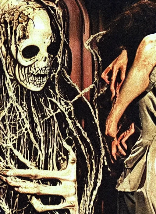 Image similar to horror practical fx of an a dismembered human with crooked teeth in the middle of a room by dario argento and david cronenberg 1 9 7 0 creepshow