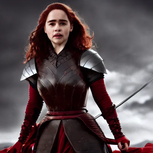 Prompt: emilia clarke, as a medieval fantasy character, with dark red hair, wearing light armor and red clothing, holding a longsword, determined expression, noble, cinematic, dark, realistic, digital art, 8 k