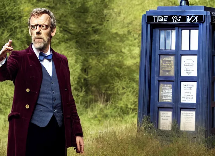 Prompt: film still of hugh laurie as doctor who in the tardis in the new doctor who series, 4 k