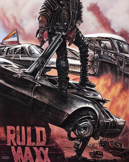 Image similar to juice wrld in dystopian raider mad max post apocalpytic, airbrush, drew struzan illustration art, key art, movie poster