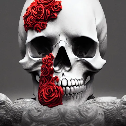 Image similar to skulls and roses, intricate artwork by Tooth Wu and wlop and beeple. octane render, trending on artstation, greg rutkowski very coherent symmetrical artwork. cinematic, hyper realism, high detail, octane render, 8k, red and black tones