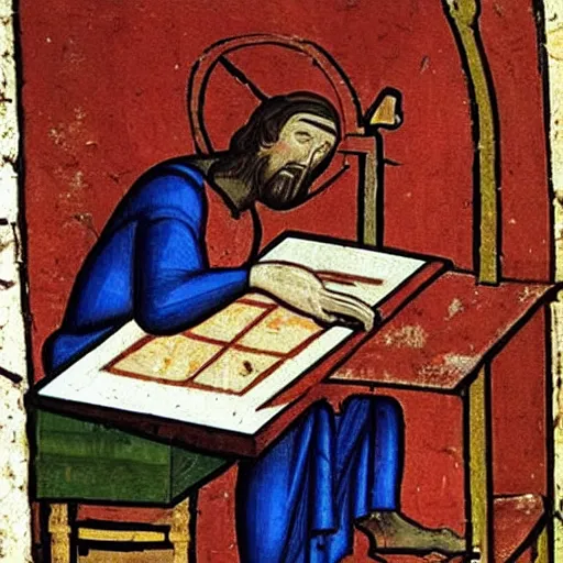 Image similar to Medieval painting of a man creating sick beats on his computer