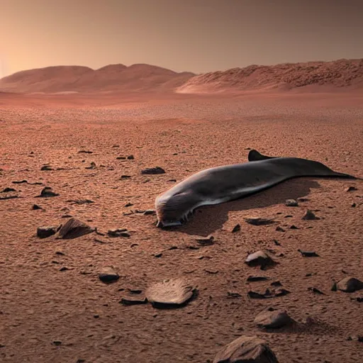 Prompt: dead whale on mars, photorealistic, very detailed, high definition landscape, beautiful whale, award winning photograph