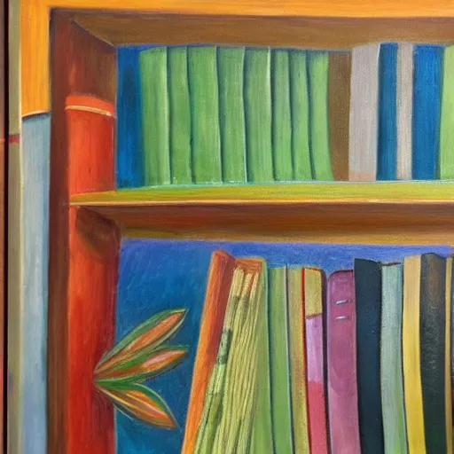 Prompt: bookshelf highly detailed readable titles house plants outsider art, oil on canvas