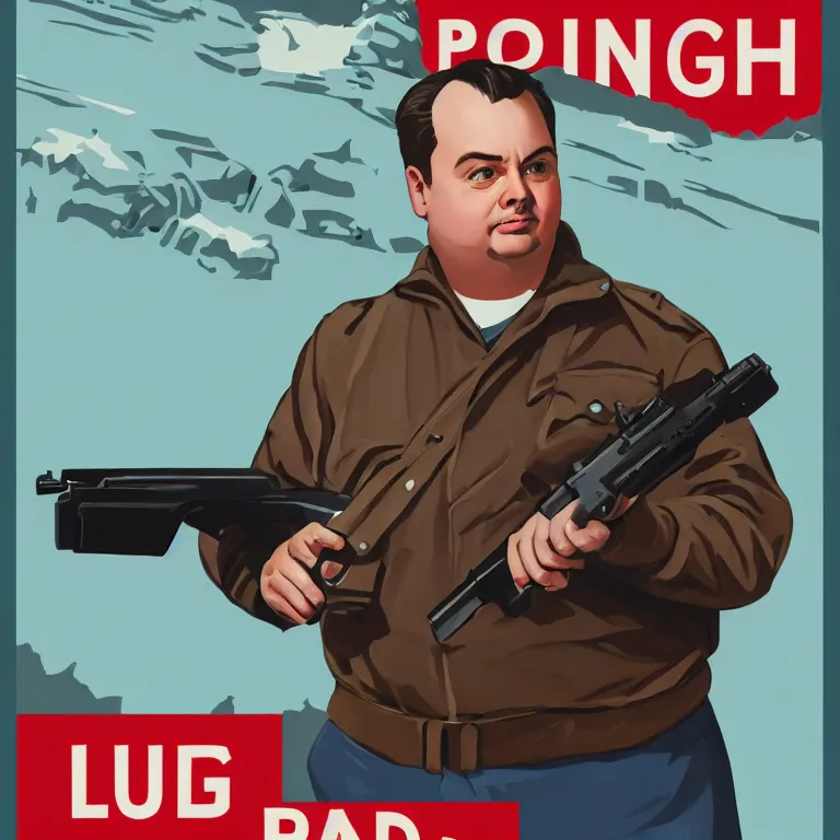 Image similar to propaganda poster rich evans holding a luger, 8 k, trending on artstation