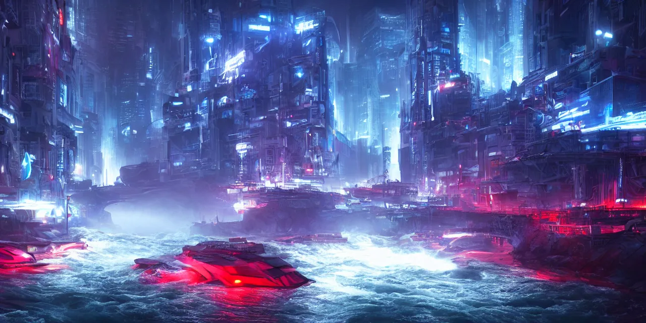 Image similar to turbulent river rapids rushing through a futuristic city at night , volumetric lighting, blue and red glowing lights, 4k, octane, unreal engine, high contrast, high saturation , cinematic film still, by artgerm and greg rutkowski