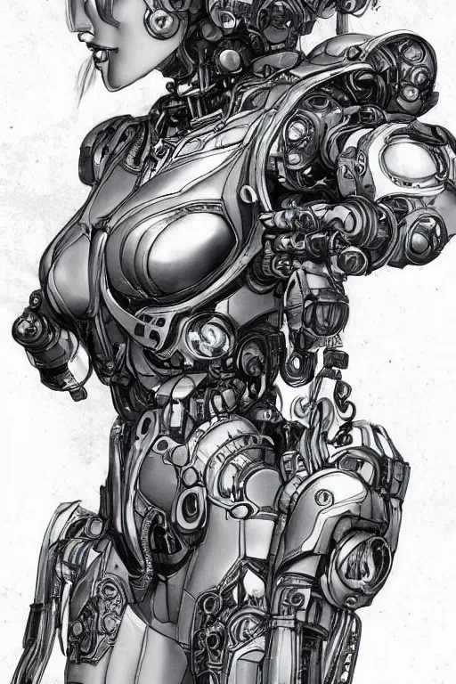 Image similar to full body illustration female cyborg, highly detailed, sumi - e art, suiboku - ga ink, by kim jisu, pen and ink monochrome, mecha, deviantart, artstation, pinterest