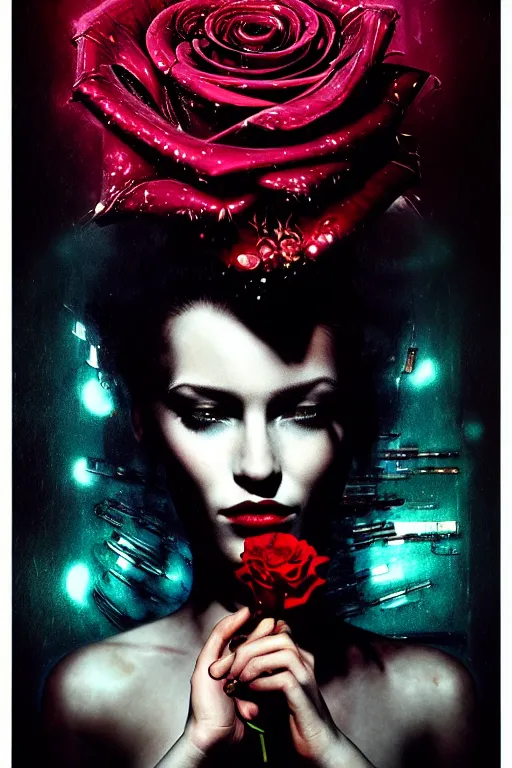 Image similar to dreamy cyberpunk space princess smelling a rose, abstract black leather, digital nodes, beautiful woman, detailed acrylic, grunge, intricate complexity, by dan mumford and by lee jeffries, peter lindbergh