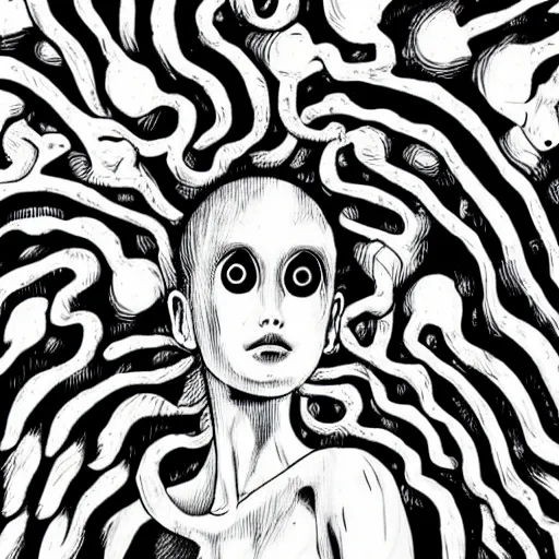 Prompt: Black and white illustration, Creative Design, Human brain, Biopunk, Body horror, by Junji Ito