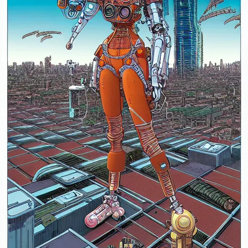 Image similar to a beautiful highly detailed futuristic mechanical lady, cyberpunk rooftop on jupiter, filled with people,, art by geof darrow,