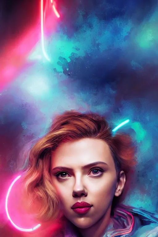 Image similar to portrait scarlett johansson masterpiece high fashion photography, bokeh, ready player one, scifi repair workshop, neon lights, james gurney, katsuhiro otomo, james paick, cinematic lighting, artstation, glowsticks, smoke, Craig Mullins, Greg Rutkowski, Pete Morbacher, Tuomas Korpi, tekkon kinreet, volumetric light, artstation, , octane render, redshift render, low angle camera by Edgar Maxence and Ross Tran and Michael Whelan, Legends of Runeterra