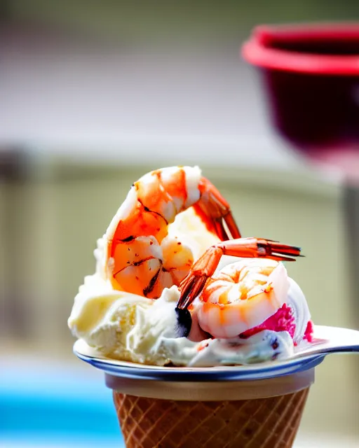 Image similar to dslr food photograph of an ice cream sundae with a shrimp on. 8 5 mm f 1. 4