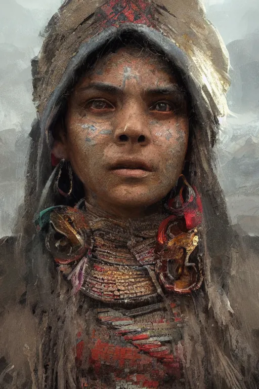 Image similar to aztec citizen, close - up portrait, poor, intricate, elegant, volumetric lighting, scenery, digital painting, highly detailed, artstation, sharp focus, illustration, concept art, ruan jia, steve mccurry