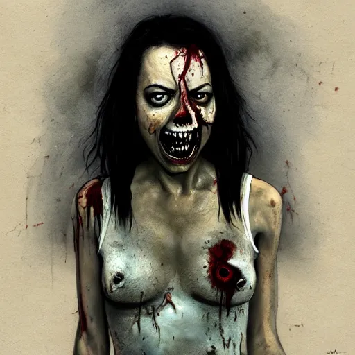 Image similar to color head portrait of aubrey plaza grinning as a zombie, 7 days to die zombie, gritty background, fine art, award winning, intricate, elegant, sharp focus, cinematic lighting, digital painting, 8 k concept art, art by michael hussar, art by brom, art by guweiz and z. w. gu, 8 k