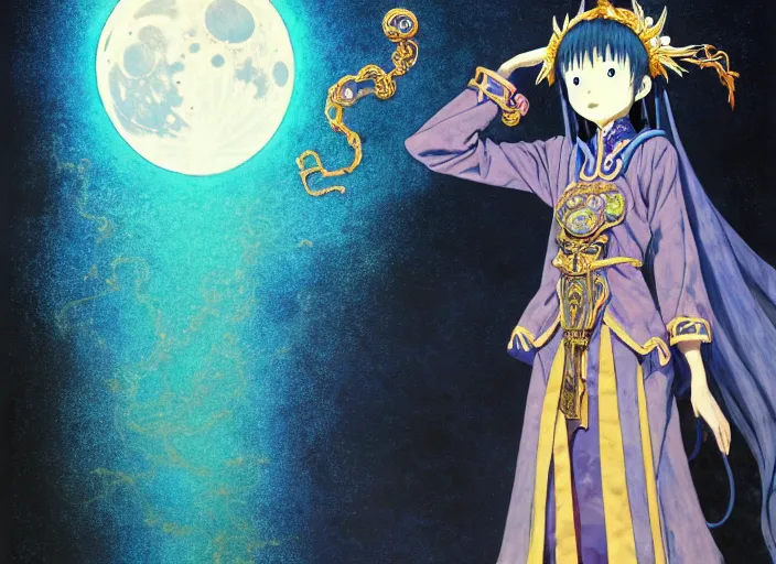 Prompt: full body portrait of the moon priestess, yuya nagai, yuzo takada, enchanted, dark, moon, magic, digital, concept art, Kyoto animation,last exile, blue submarine no. 6, katsura masakazu,tsutomu nihei, gustav klimt,loish, murata range, kawaii, studio lighting, manga, bright colors, anime,beautiful, 35mm lens,noir, vibrant high contrast, gradation, jean giraud, moebius, fantasy, rule of thirds, fibonacci, intricate, cel shaded, flat, matte print, smooth, makoto shinkai, digital