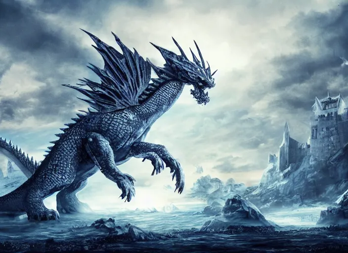 Image similar to giant ice dragon attacking an ancient castle, highly detailed, 4 k, hdr, award - winning, directed by zack snyder, trending on art station, matte