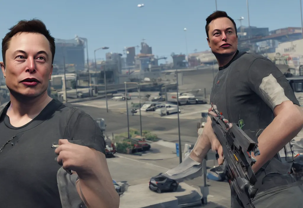 Image similar to elon musk in the video game in gta 5, gameplay screenshot, close up, 3 d rendering. unreal engine. amazing likeness. very detailed.