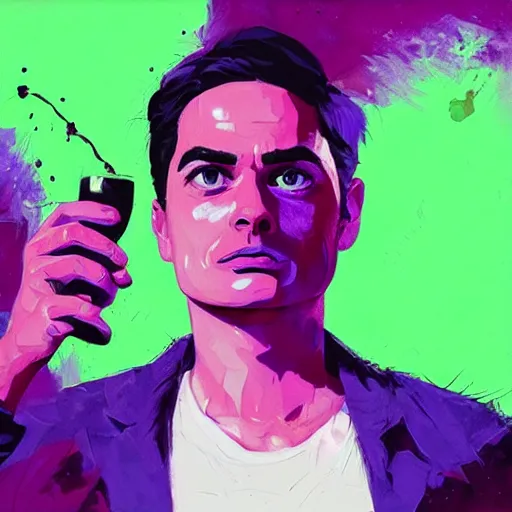 Image similar to Ben Shapiro drinking, purple lighting, purple digital art, trending on artstation, highly detailed, expressive oil painting, by Conrad Roset