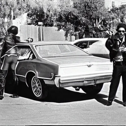 Image similar to detective in leather jacket next to car, pointing a pistol, in 1970s Los Angeles street, photograph