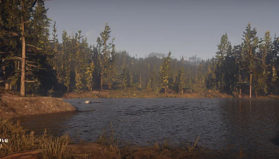 Image similar to red dead redemption 2 screencap, loch ness monster in flat iron lake, ultra graphics, 4 k image, dusty, light beams,, at night, moonbeams
