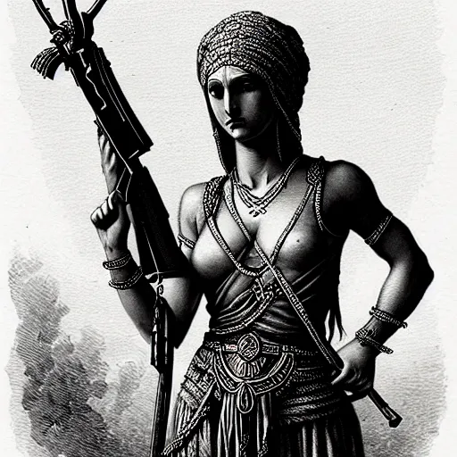 Image similar to marana slavic goddess with ak - 4 7 in six arms in traditional slavic clothes : by gustave dore and greg rutkowski and wlop, mystic high contrast monochromatic noir