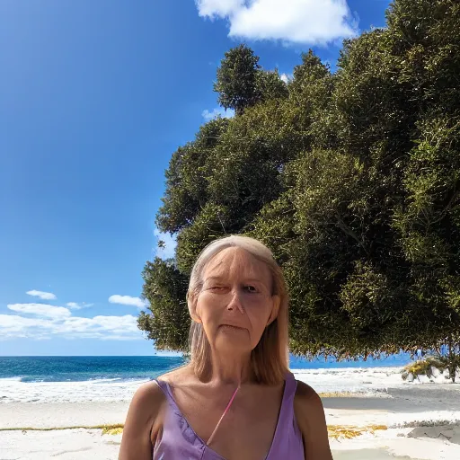 Prompt: photo of a woman made completely out of crystal, standing on a beach in the daytime