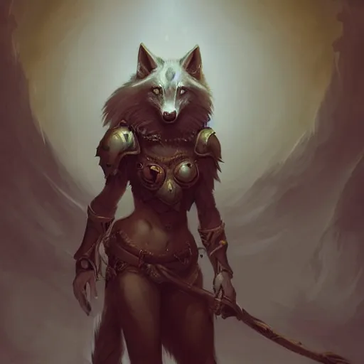Prompt: anthropomorphic wolf woman wearing armor, digital painting, fantasy, ethereal, brooding, hellish background, concept art by peter mohrbacher, trending on artstation
