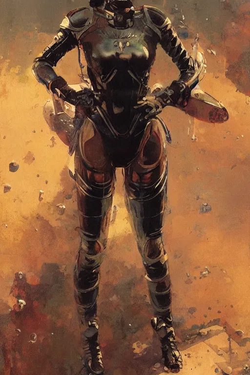 Image similar to pulp scifi fantasy illustration full body portrait of elegant warrior woman wearing latex spacesuit, by norman rockwell, jack kirby, bergey, craig mullins, ruan jia, jeremy mann, tom lovell, 5 0 s, astounding stories, fantasy