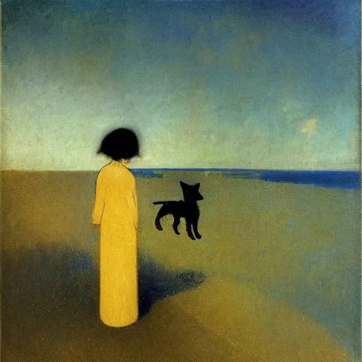 Image similar to a woman and her black chihuahua by the sea odilon redon