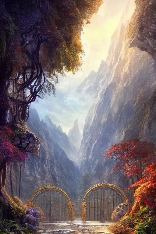 Prompt: A beautiful hyper realistic detailed matte painting of an intricate steel and gold gateway over a pathway through a colorful forest, dramatic sky, dramatic mountains in background, dramatic lighting, dynamic lighting, cinematic lighting, vivid, by Raphael Lacoste and John Howe and Andreas Rocha, unreal engine, featured on artstation