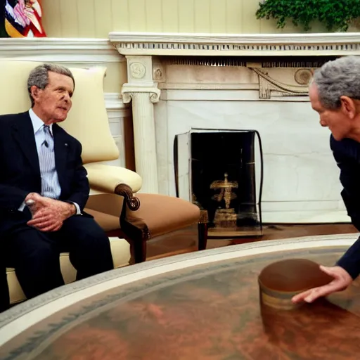 Prompt: an alien is talking with president bush, in oval office, realistic