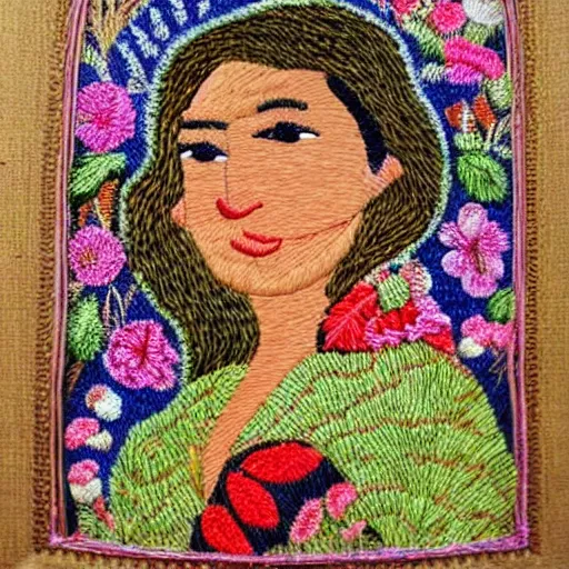 Prompt: a beautiful handmade embroidery of a woman. hand embroidery.