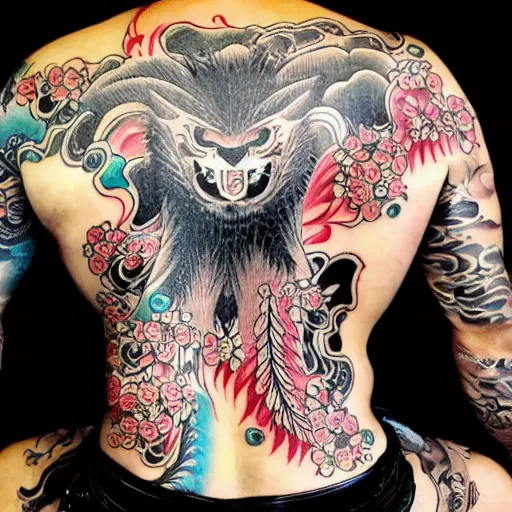 Prompt: photograph of a Japanese back tattoo, colourful ink, traditional Japanese pattern depicting a werewolf, highly-detailed, beautiful, award winning, 8k