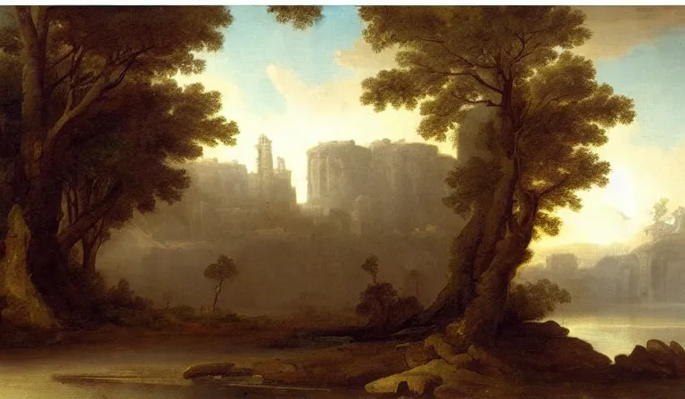 Prompt: A serene landscape with a singular building in the style of Hubert Robert.