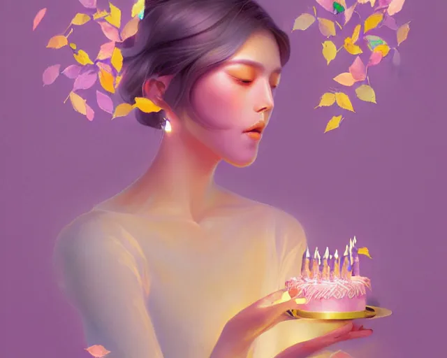 Image similar to highly detailed pastel colors of an ethereal moroccan beauty blowing a birthday candle, morphing into autumn leaves, by artgerm and hsiao - ron cheng, smooth composition, fine patterns and detail