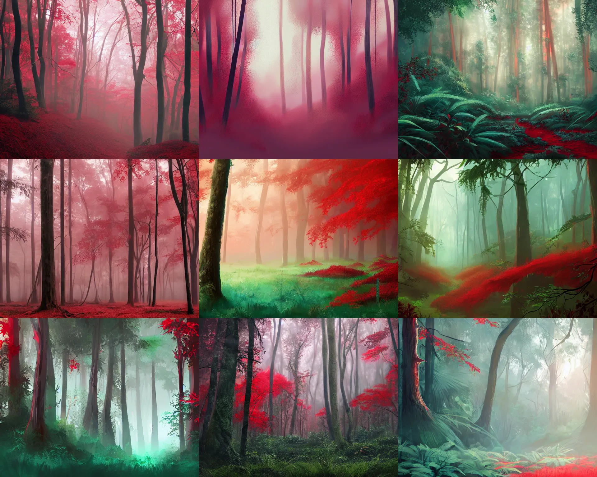 Prompt: beautiful forest in a humid subtropical climate, red and teal color scheme, award winning concept art, trending on artstation