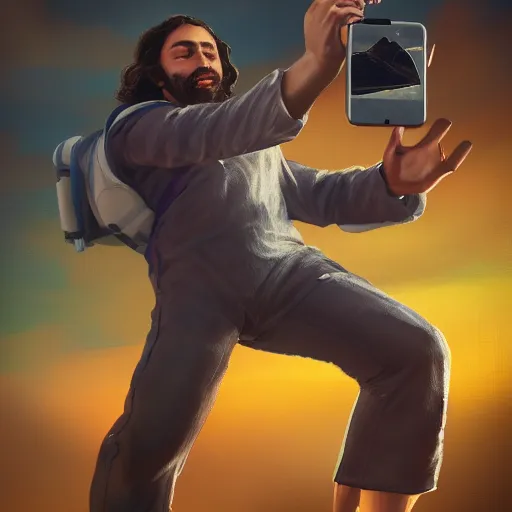 Prompt: a macro portrait of Jesus taking a selfie while skydiving, hyperdetailed, artstation, 8k,