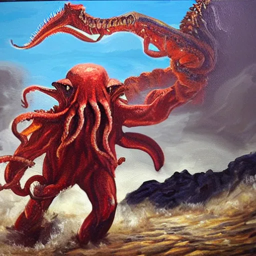 Image similar to an oil painting of Michael mcintyre fighting cthulhu on mars