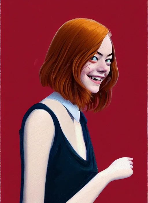 Prompt: portrait of teenage emma stone, freckles, middle part haircut, ginger hair, white shirt and red tie, smiling kindly, friendly, 1 9 7 0 s, intricate, elegant, glowing lights, highly detailed, digital painting, artstation, concept art, smooth, sharp focus, illustration, art by wlop, mars ravelo and greg rutkowski