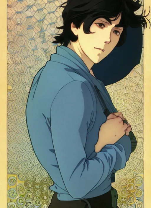 Prompt: handsome young man with short black hair, male, dressed in blue, looking down, half body shot, arms down, path traced, highly detailed, high quality, digital painting, by studio ghibli and alphonse mucha, hidari, art nouveau, chiho aoshima, posuka demizu, atey ghailan