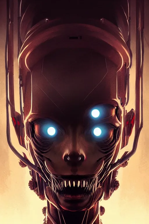 Image similar to professional concept art symmetrical portrait of a horror robotic nightmare species in deep dark room by artgerm and greg rutkowski. an intricate, elegant, highly detailed digital painting, abstraction, concept art, smooth, sharp focus, illustration, in the style of cam sykes.