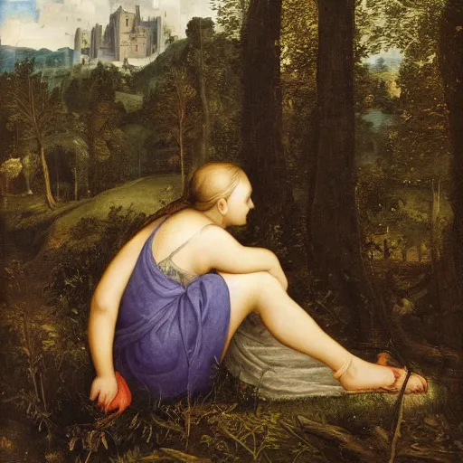 Image similar to a girl lost in a forest, castel in the background, renaissance