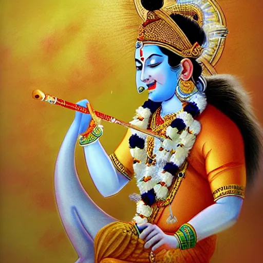 Image similar to Lord Krishna playing flute and all creatures of the world listening his soul full music , dreamy, mediation, magical effect, artstation, clear clean face, full body ,hyperreal, hyperdetailed