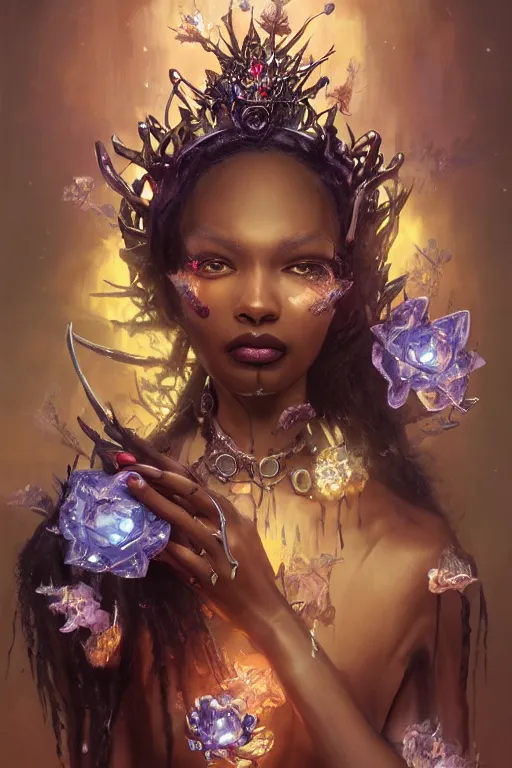 Image similar to beautiful black model wearing crystal crown full of jewels, warhammer, cyberpunk, 3 d render, hyper realistic detailed portrait, holding magic flowers, scifi, fantasy, hyper detailed, octane render, concept art, peter mohrbacher, artgerm, ruan jia, wlop